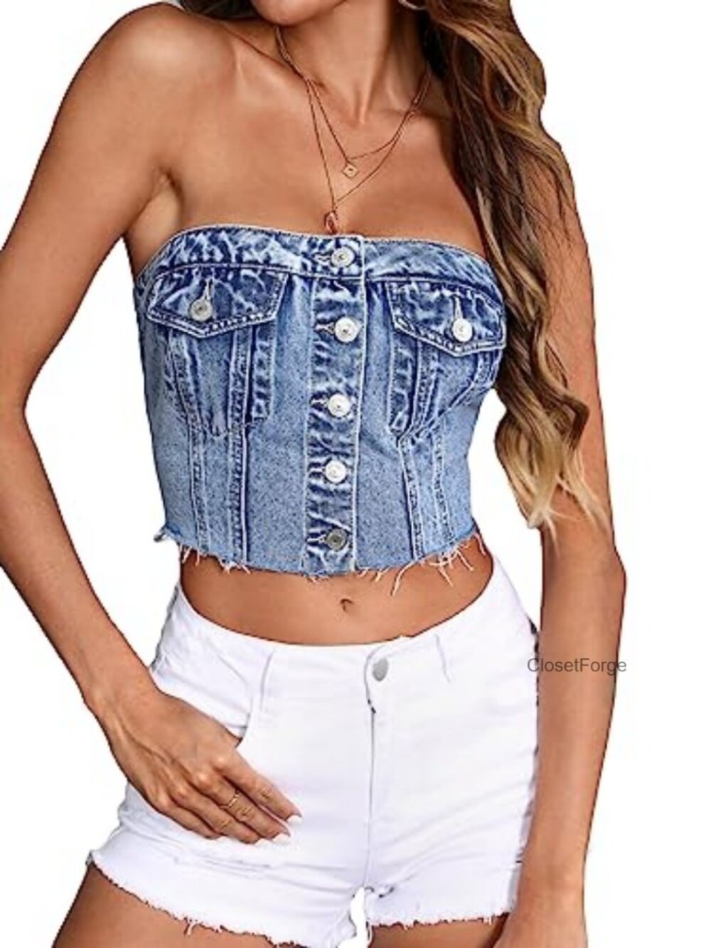 Strapless Button Up Denim Crop Tube Top Smocked Fitted